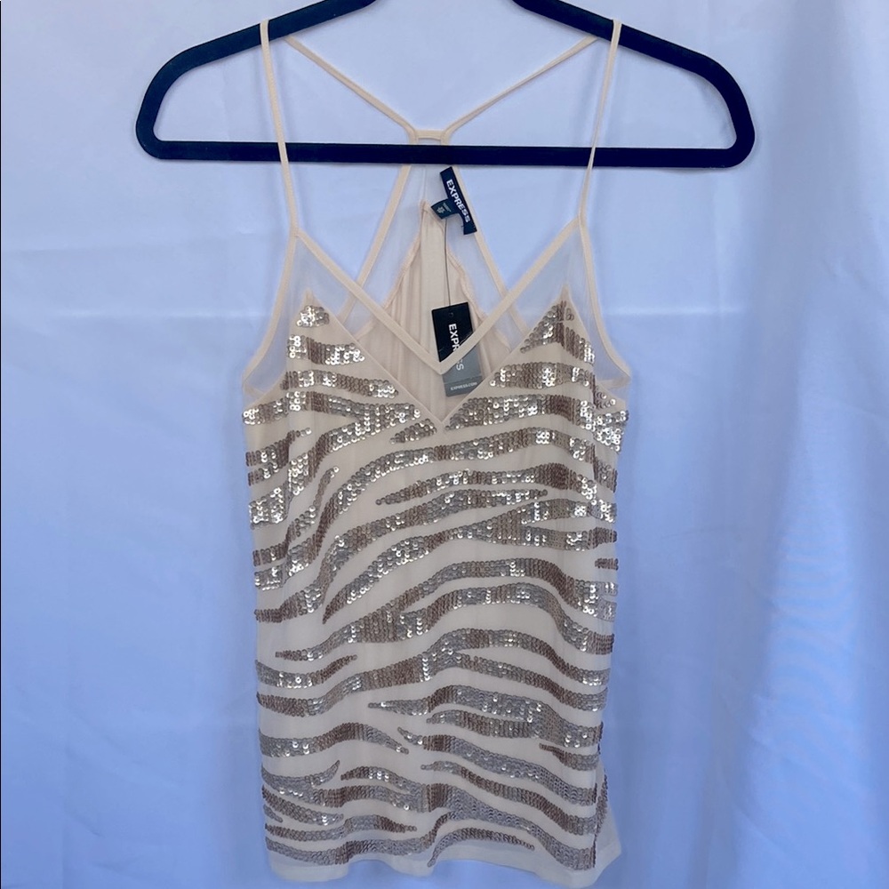 NWT Express champagne zebra print Sequin Mesh tank top